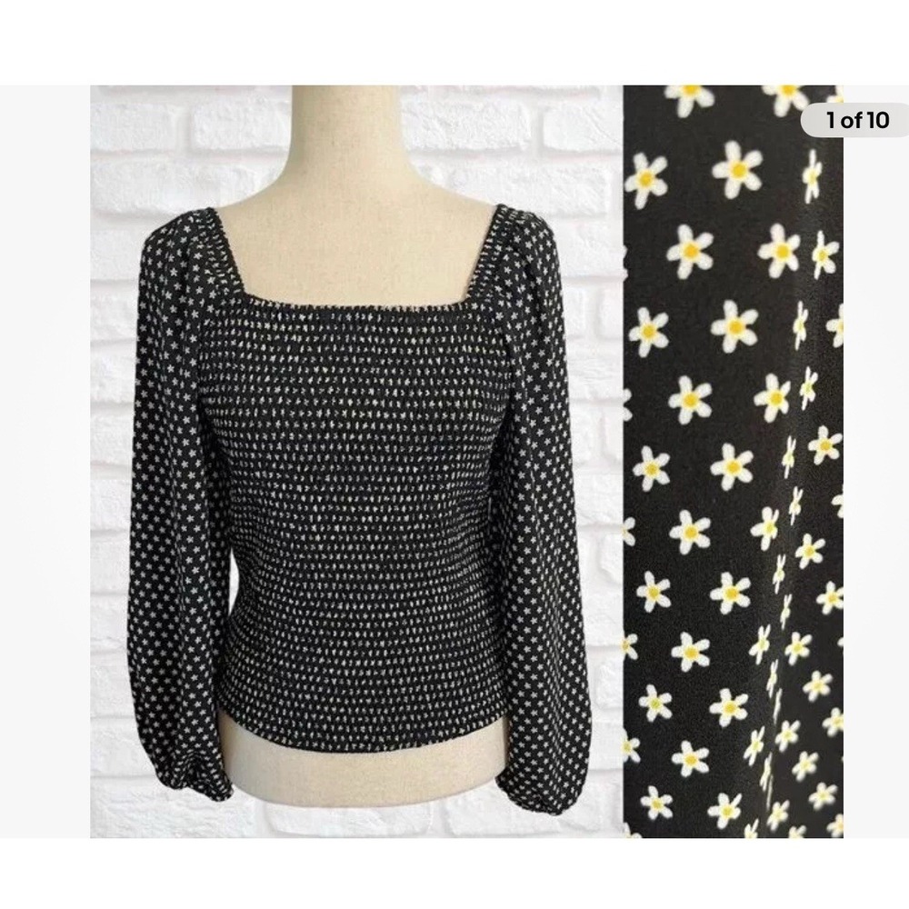 Truth by Republic Daisy Floral Print Smocked‎ Top Long Sleeve Square Neck Large